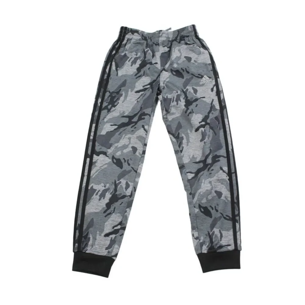 Adidas Boys Drawstring Logo Camouflage Knit Jogger Pants Gray Black Size 10-12